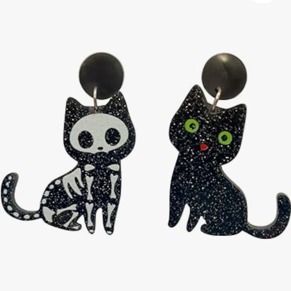 Black Cat X-Ray Skeleton Earrings Acrylic Skeletons Cats Halloween Kitty New - Picture 7 of 7